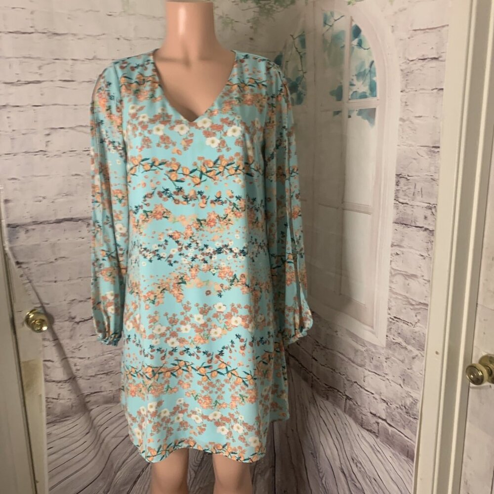 Worthington women's dress, blue, floral, lined, slit, long sleeve, V-neck - Picture 3 of 5
